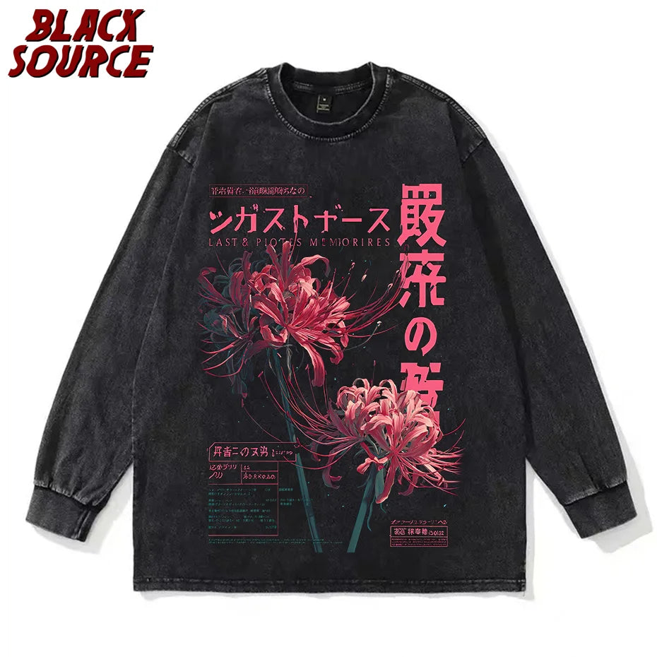 T171 Anime Aesthetic Washed T-shirt with Soft Grunge Flower Japanese Spider Lily, Aesthetic Clothing, Shirts for men's Clothing