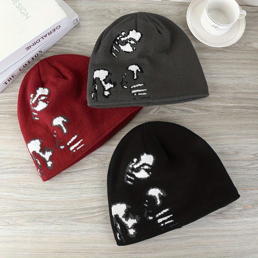 Cozy Unisex Y2K Street Knit Beanie Hats - Soft Acrylic Ear Warmer with Embroidered Faces, Fitted Casual Skull Caps for Spring and Winter Seasons, Hook Up Jacquard Knitting Craftsmanship