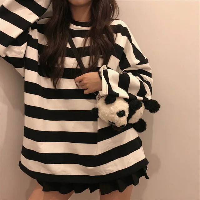 Striped T Shirt Women Casual Loose Long Sleeve Tops Female Streetwear Gothic Dark Shirts Spring Women T-shirt Vintage Blouse