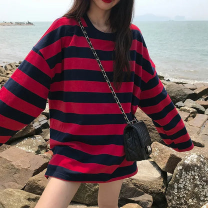 Striped T Shirt Women Casual Loose Long Sleeve Tops Female Streetwear Gothic Dark Shirts Spring Women T-shirt Vintage Blouse