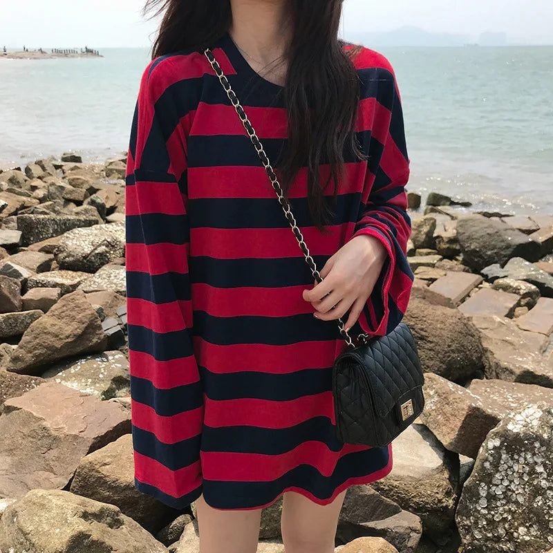 Striped T Shirt Women Casual Loose Long Sleeve Tops Female Streetwear Gothic Dark Shirts Spring Women T-shirt Vintage Blouse