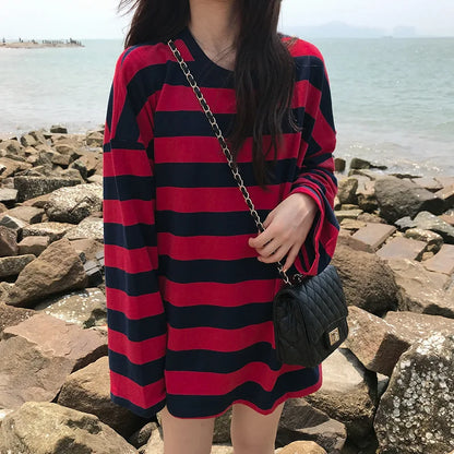 Striped T Shirt Women Casual Loose Long Sleeve Tops Female Streetwear Gothic Dark Shirts Spring Women T-shirt Vintage Blouse