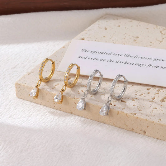 High End Water Drop Earrings Trendy Precious Zircon Dangle Stainless Steel Earrings Versatile Light Luxury Jewelry for Women