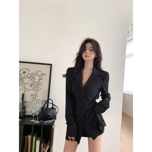 Striped Long-sleeved Shirt Spring Autumn New Temperament Versatile Slim Waist Slimming Mid-length Top