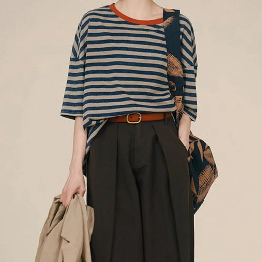Summer Tshirt, Women's Color-Dyed Cotton Half Sleeve Tee, Striped, Loose, Fried Color Contrast Color O-Neck T-shirt