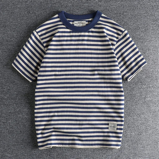 Vintage Sailor's Striped T Shirts for Men Summer Half Sleeve 250GSM Heavy 100% Cotton Washed T-shirt for Youth Male Tees Tops