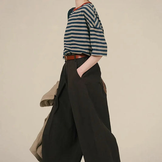 Summer Tshirt, Women's Color-Dyed Cotton Half Sleeve Tee, Striped, Loose, Fried Color Contrast Color O-Neck T-shirt