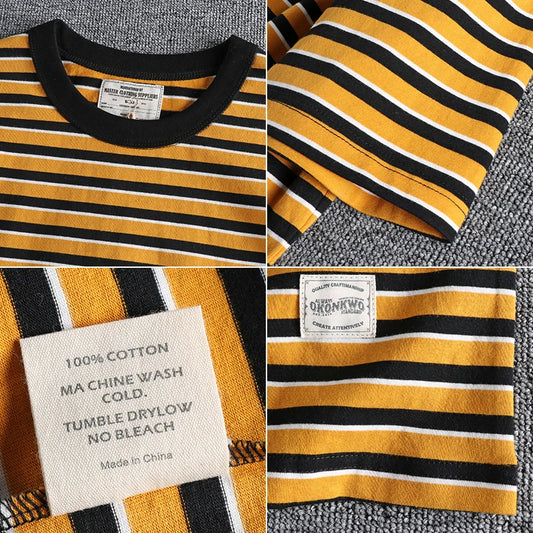 Vintage Sailor's Striped T Shirts for Men Summer Half Sleeve 250GSM Heavy 100% Cotton Washed T-shirt for Youth Male Tees Tops