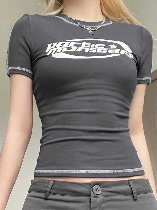 Women's Y2K Graphic T-Shirt - Dark Grey with White "HOSTEL MONSTER" Letter Print, Stretchy Round Neck Tee, Machine Washable Regular Fit for All-Season Casual Wear, Ladies T Shirts, Versatile Clothing, Medium Elasticity