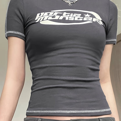 Women's Y2K Graphic T-Shirt - Dark Grey with White "HOSTEL MONSTER" Letter Print, Stretchy Round Neck Tee, Machine Washable Regular Fit for All-Season Casual Wear, Ladies T Shirts, Versatile Clothing, Medium Elasticity